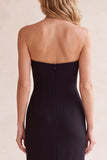 Black V-Neck Sheath Strapless Mesh Midi Wedding Guest Dress with Pockets