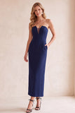 Black V-Neck Sheath Strapless Mesh Midi Wedding Guest Dress with Pockets