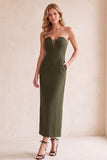 Black V-Neck Sheath Strapless Mesh Midi Wedding Guest Dress with Pockets