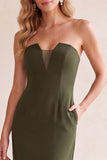 Black V-Neck Sheath Strapless Mesh Midi Wedding Guest Dress with Pockets