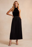 Black Velvet A-Line Halter Pleated Midi Holiday Party Dress with Pockets