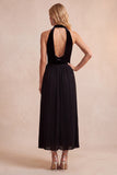 Black Velvet A-Line Halter Pleated Midi Holiday Party Dress with Pockets