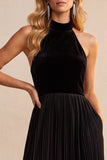 Black Velvet A-Line Halter Pleated Midi Holiday Party Dress with Pockets