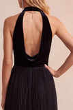Black Velvet A-Line Halter Pleated Midi Holiday Party Dress with Pockets