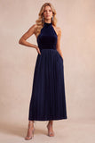 Black Velvet A-Line Halter Pleated Midi Holiday Party Dress with Pockets