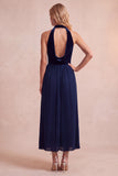 Black Velvet A-Line Halter Pleated Midi Holiday Party Dress with Pockets
