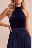 Black Velvet A-Line Halter Pleated Midi Holiday Party Dress with Pockets