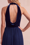 Black Velvet A-Line Halter Pleated Midi Holiday Party Dress with Pockets
