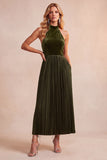 Black Velvet A-Line Halter Pleated Midi Holiday Party Dress with Pockets