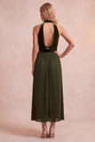 Black Velvet A-Line Halter Pleated Midi Holiday Party Dress with Pockets