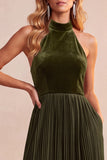 Black Velvet A-Line Halter Pleated Midi Holiday Party Dress with Pockets