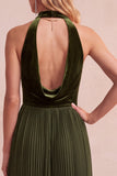 Black Velvet A-Line Halter Pleated Midi Holiday Party Dress with Pockets