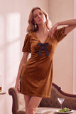 Dark Green Velvet Puff Sleeves Bodycon V-Neck Short Holiday Party Dress with Bow