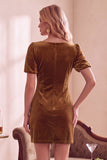 Dark Green Velvet Puff Sleeves Bodycon V-Neck Short Holiday Party Dress with Bow