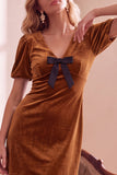 Dark Green Velvet Puff Sleeves Bodycon V-Neck Short Holiday Party Dress with Bow