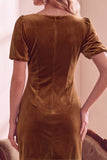 Dark Green Velvet Puff Sleeves Bodycon V-Neck Short Holiday Party Dress with Bow