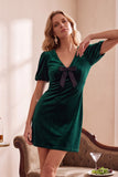 Dark Green Velvet Puff Sleeves Bodycon V-Neck Short Holiday Party Dress with Bow