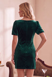 Dark Green Velvet Puff Sleeves Bodycon V-Neck Short Holiday Party Dress with Bow