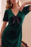 Dark Green Velvet Puff Sleeves Bodycon V-Neck Short Holiday Party Dress with Bow