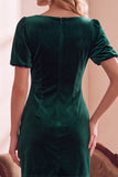 Dark Green Velvet Puff Sleeves Bodycon V-Neck Short Holiday Party Dress with Bow