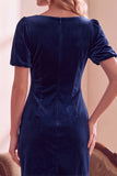 Dark Green Velvet Puff Sleeves Bodycon V-Neck Short Holiday Party Dress with Bow