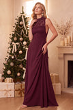 Burgundy A-Line High Neck Chiffon Long Wedding Guest Dress with Lace