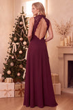 Burgundy A-Line High Neck Chiffon Long Wedding Guest Dress with Lace