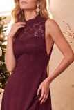 Burgundy A-Line High Neck Chiffon Long Wedding Guest Dress with Lace