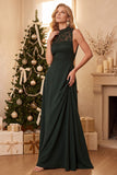 Burgundy A-Line High Neck Chiffon Long Wedding Guest Dress with Lace