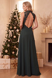 Burgundy A-Line High Neck Chiffon Long Wedding Guest Dress with Lace