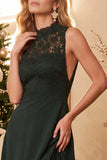 Burgundy A-Line High Neck Chiffon Long Wedding Guest Dress with Lace