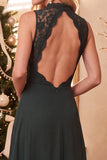 Burgundy A-Line High Neck Chiffon Long Wedding Guest Dress with Lace