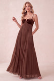 Coffee A-Line Pleated Sweetheart Maxi Dress with Pockets