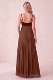 Coffee A-Line Pleated Sweetheart Maxi Dress with Pockets