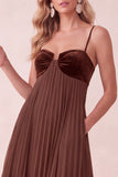 Coffee A-Line Pleated Sweetheart Maxi Dress with Pockets