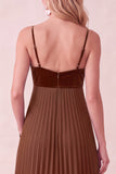 Coffee A-Line Pleated Sweetheart Maxi Dress with Pockets