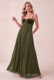 Coffee A-Line Pleated Sweetheart Maxi Dress with Pockets