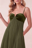 Coffee A-Line Pleated Sweetheart Maxi Dress with Pockets