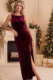 Burgundy Bateau Neck Velvet Sheath Lace Long Holiday Party Dress with Slit