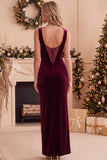 Burgundy Bateau Neck Velvet Sheath Lace Long Holiday Party Dress with Slit