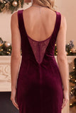 Burgundy Bateau Neck Velvet Sheath Lace Long Holiday Party Dress with Slit