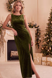 Burgundy Bateau Neck Velvet Sheath Lace Long Holiday Party Dress with Slit