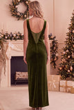 Burgundy Bateau Neck Velvet Sheath Lace Long Holiday Party Dress with Slit