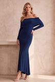 Off the Shoulder Dark Blue Mermaid Ruched Long Sleeves Long Wedding Guest Dress