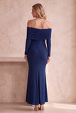 Off the Shoulder Dark Blue Mermaid Ruched Long Sleeves Long Wedding Guest Dress