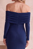 Off the Shoulder Dark Blue Mermaid Ruched Long Sleeves Long Wedding Guest Dress