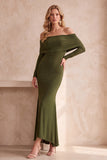 Off the Shoulder Dark Blue Mermaid Ruched Long Sleeves Long Wedding Guest Dress