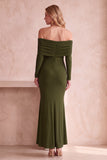 Off the Shoulder Dark Blue Mermaid Ruched Long Sleeves Long Wedding Guest Dress