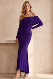 Off the Shoulder Dark Blue Mermaid Ruched Long Sleeves Long Wedding Guest Dress