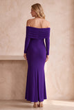 Off the Shoulder Dark Blue Mermaid Ruched Long Sleeves Long Wedding Guest Dress